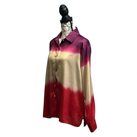 Mica’s COLLAR TIE DYE BLOUSE Ombre Button Up Modest Retro Blouse  L Boho Trendy - Picture 3 of 11